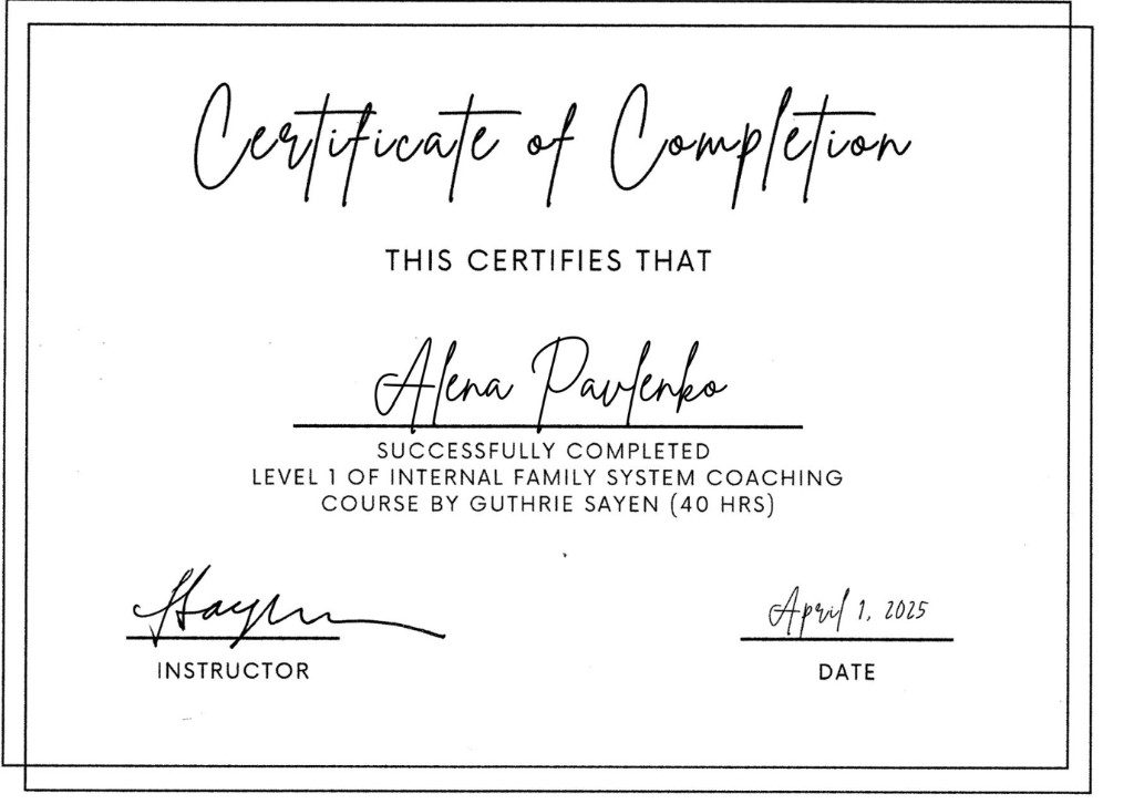 Certificate — Level 1 IFS Coaching Course by Guthrie Sayen, 40 hours, April 2025
